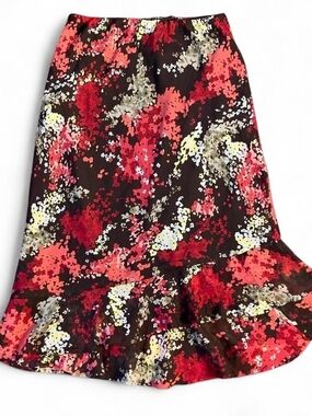 Cato Floral Ruffle Hem Midi Skirt - Coral, Red & Brown